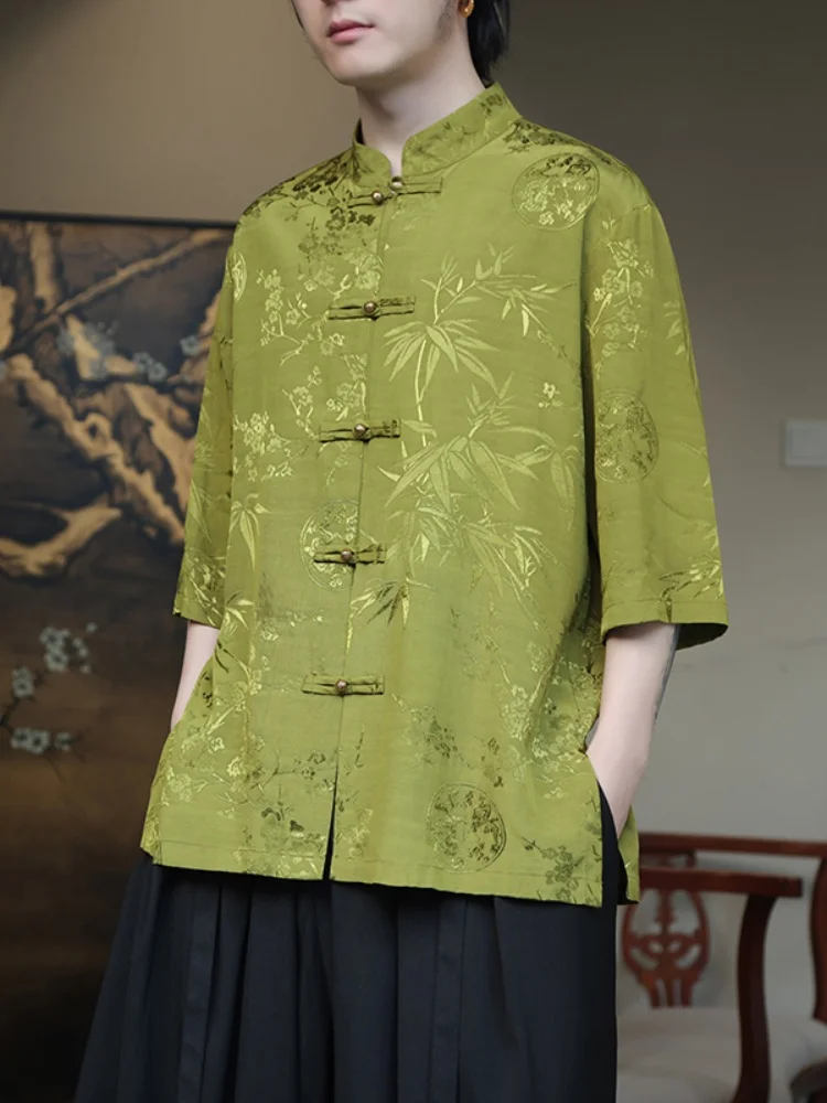 

New Chinese Style Men's Shirt Short Sleeve Summer Ice Silk Tang Costume Five Sleeve Top Improved Hanfu Loose Fit Youth Fashion