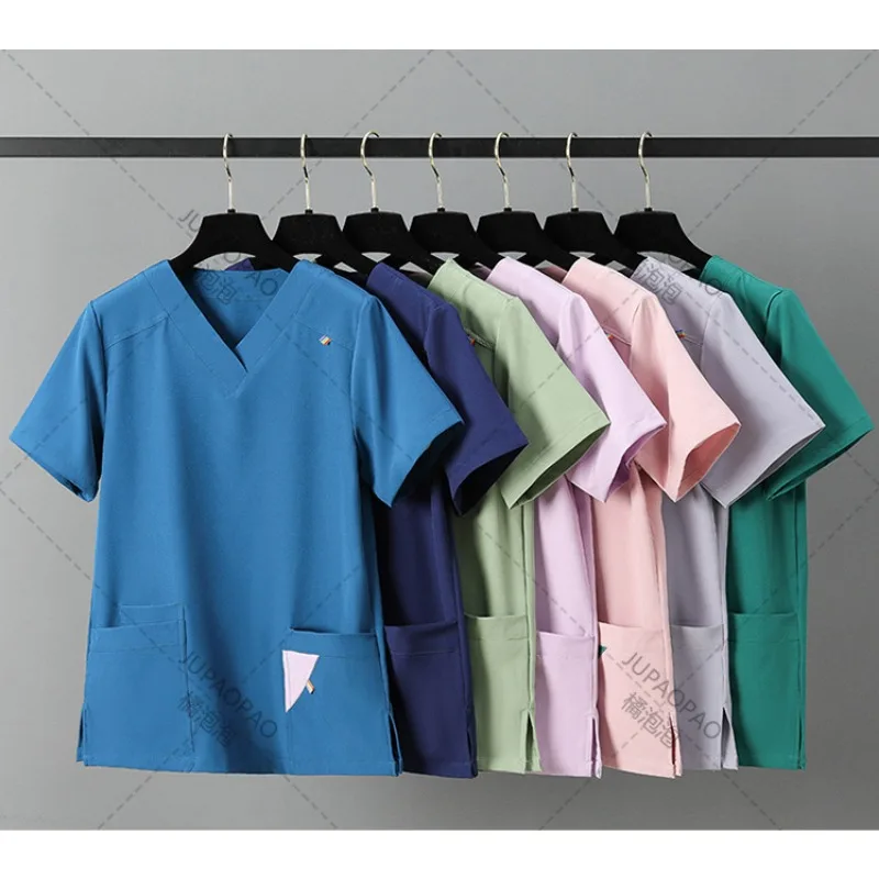 Laboratoriumgezondheidszorg Werkkleding Klassieke V-Hals Scrub Tops Vrouwen Schoonheidssalon Scrubs Uniformen Effen Korte Mouw Verpleegkundige Accessoires