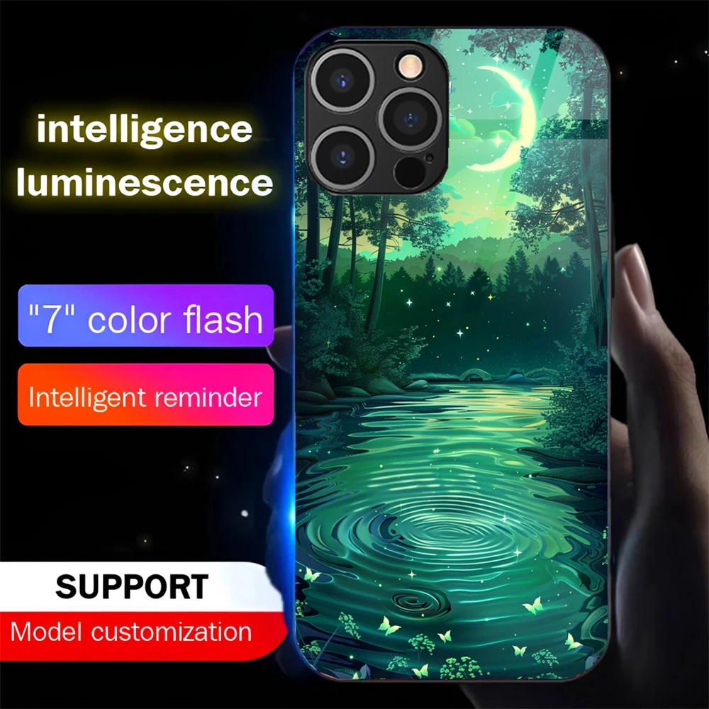 

Pretty Dreamy Forest LED Light Glow Luminous Tempered Glass Phone Case For iPhone 16 E 15 14 13 12 11 Pro Max X XS XR Plus SE