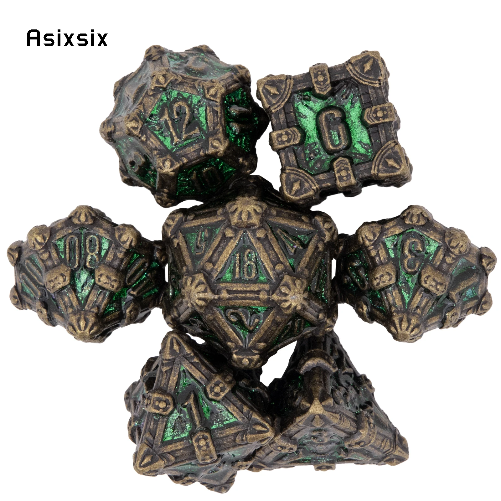 

7 Pcs Yellow Green Flower Metal Dice Solid Metal Polyhedral Dice Set Suitable for Role-Playing RPG Board Game Role-Playing RPG