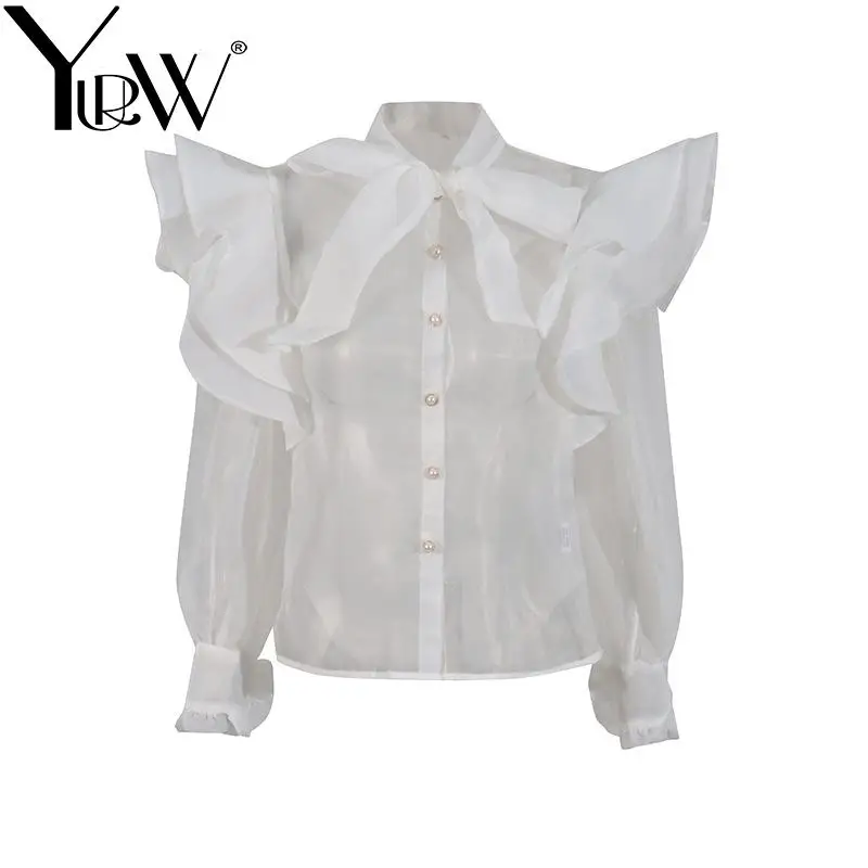 YUERWANG Women Shirt 2025 Spring New Elegant Ruffled Design Organza Blouse Vintage All Match Puff Sleeve Perspective Sexy Tops