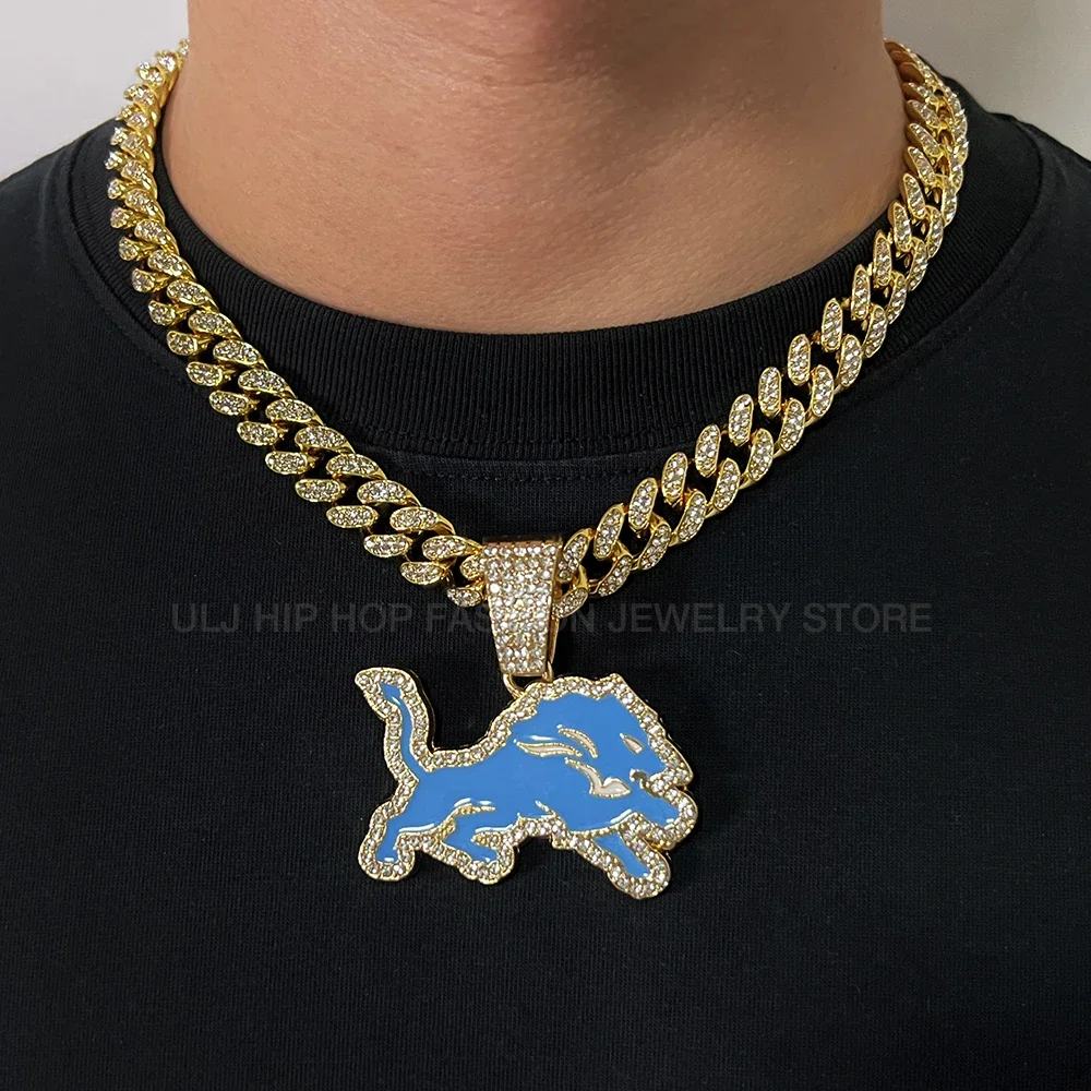 Hip Hop Iced Out Rhinestone Lion Bling Soccer Rugby Aggressive Pendant Necklace Unisex Shiny  Jewelry