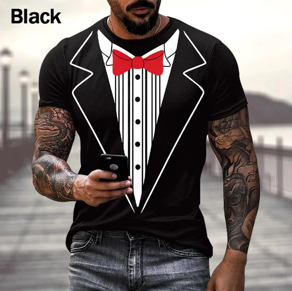 New Fashion Funny Fake Suit 3D T Shirt Tuxedo Bow Tie 3D Printed T-shirts Men Summer Streetwear Top