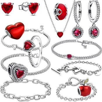 레드 시리즈 크리스마스 애플 러브 선물, 댕글 참 비즈, 925 스털링 실버 도금 핏, 오리지널 하트 팔찌, 여성 쥬얼리 