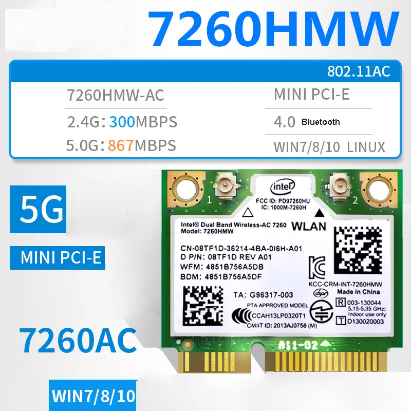 Двухдиапазонная беспроводная Wi-Fi карта для Intel 7260AC/7260HMW Bluetooth-совместимая 4,0 Mini PCI-E 2,4G/5 ГГц 300-876Mbps сетевой приемник