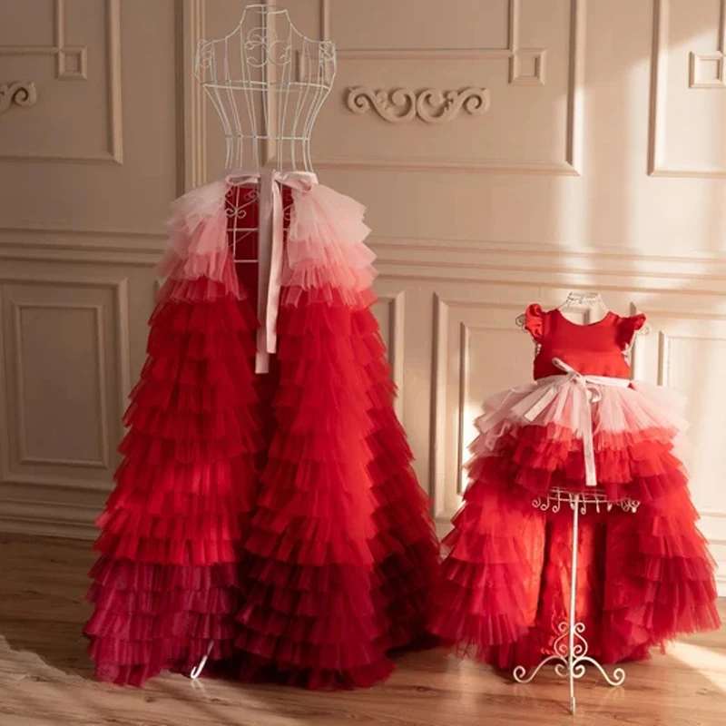 Red Photoshoot Tiered Skirt Mommy And Me Matching Tulle Skirt Mother Daughter Ruffled Tulle Ombre Skirt Special Occasion Tutu