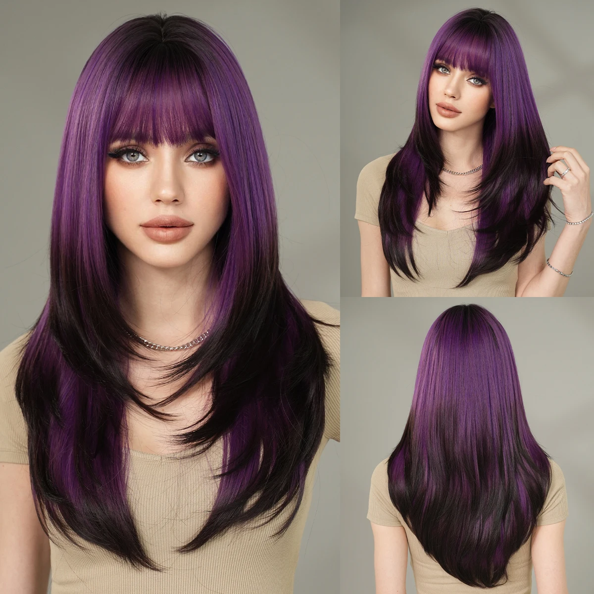 NAMM Long Synthetic Wig Long Body Wavy Deep Purple Brown Wig for Women Daily Party High Density Hair Wigs With Bangs 28inch