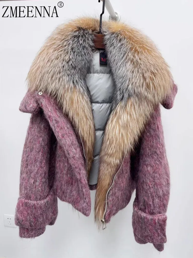 

ZMEENNA женская короткая шерстяная куртка с воротником из натурального меха, пуховое контрастное зимнее пальто на молнии, теплый пурпурный ZM4320
