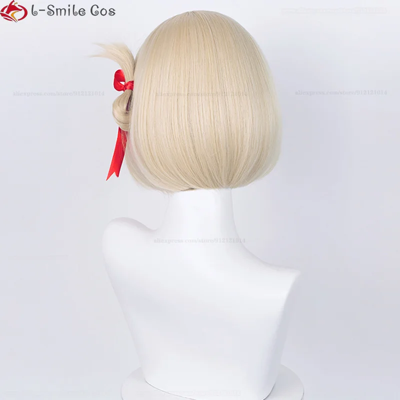 Nishikigi-Peluca de Cosplay de Chisato, pelo sintético, corto, dorado claro, resistente al calor, cinta + gorro de peluca, 30cm