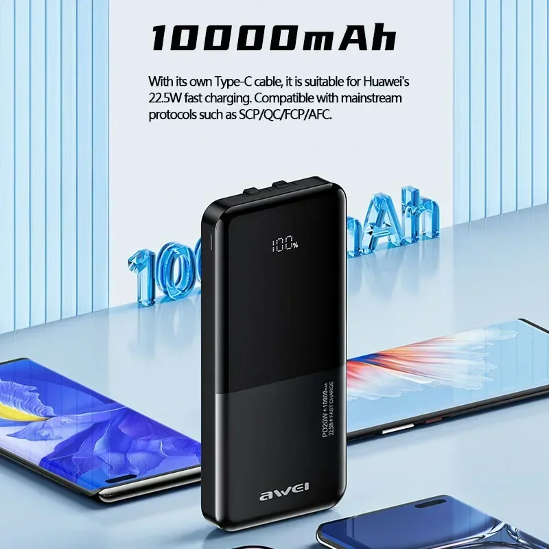 Awei P40K Power Bank 10000mAh With 2 Charging Cable Protable Powerbank PD22.5W Power Banks Fast Charge External Spare Battery