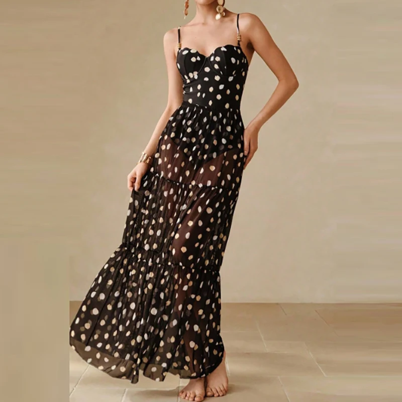 

Fashion Dot Print Bikini Outfits Elegant Hight Waist Slim Long Skirt Suit Sexy Off Shoulder Sleeveless Bodysuit & Skirt Set