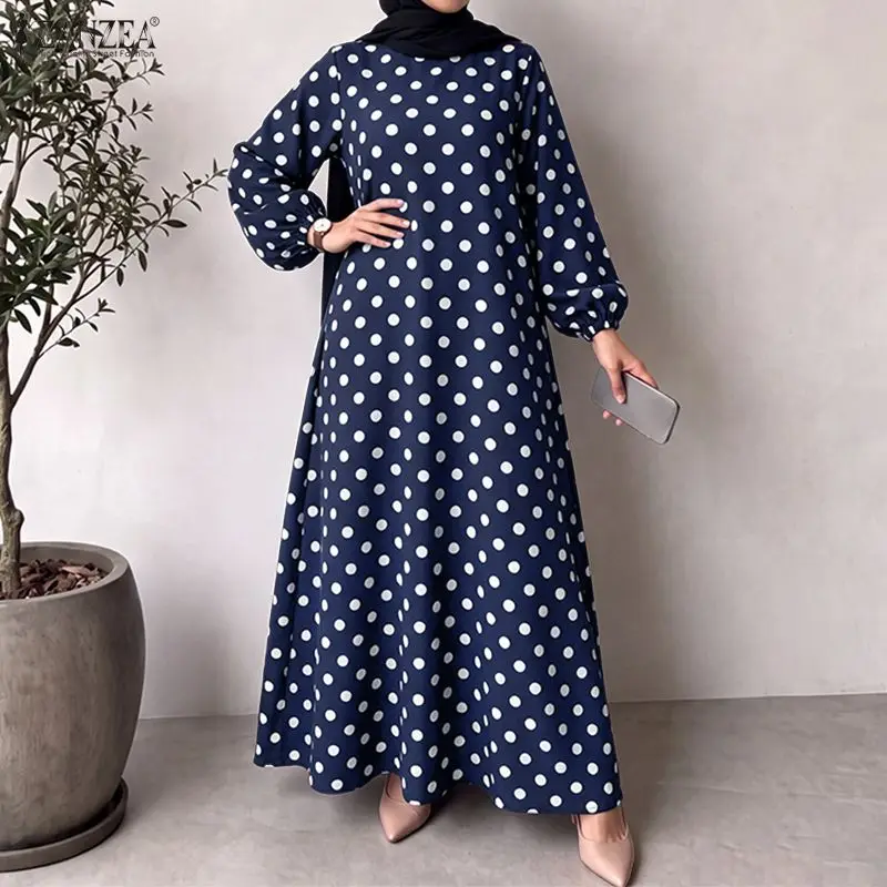 ZANZEA Casual Women Dresses Fashion Polka Dot Lantern Long Sleeve Long Maxi Dresses Muslim Long Kaftan O Neck Vestidos Autumn