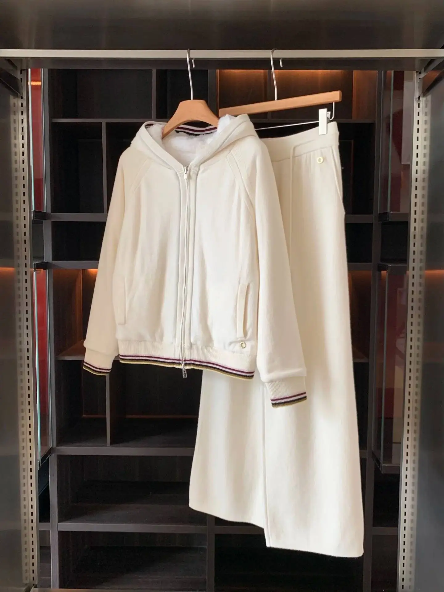 Neues Winter-Set für Damen, verdickt, warm, wendbar, mit Kapuze, Strickjacke