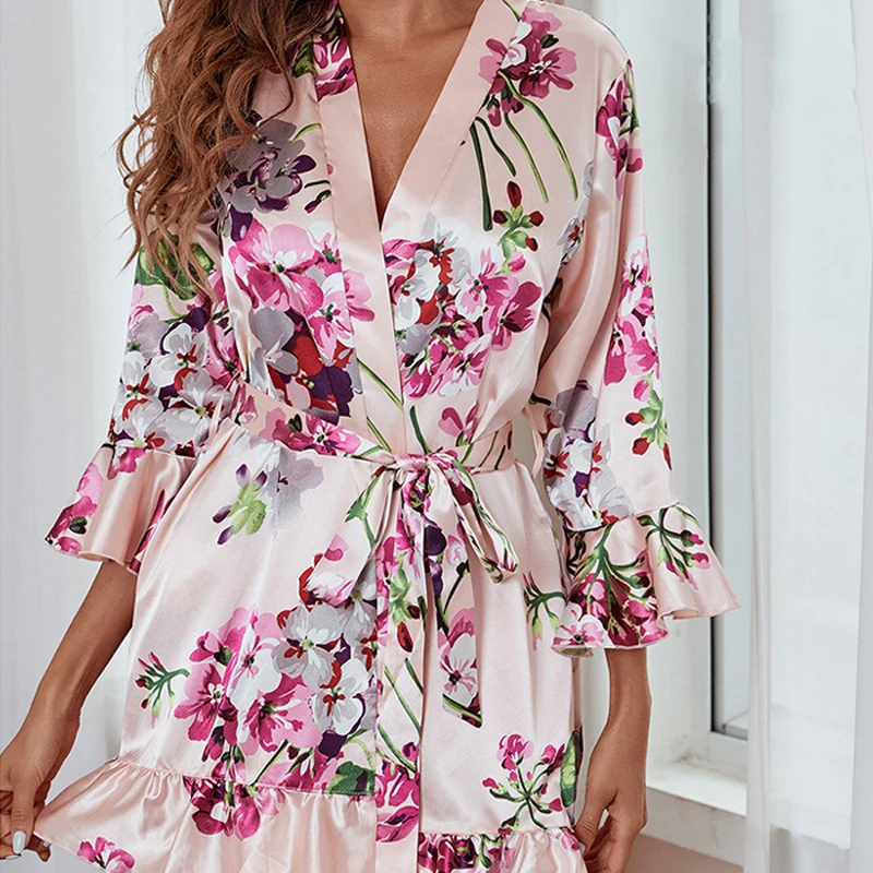 CINOON Women Home Night-robe Dresses Sexy Printed Nightgown Lingerie Ladies Silk Pajamas Bathrobe Home Cardigan Homewear Robe