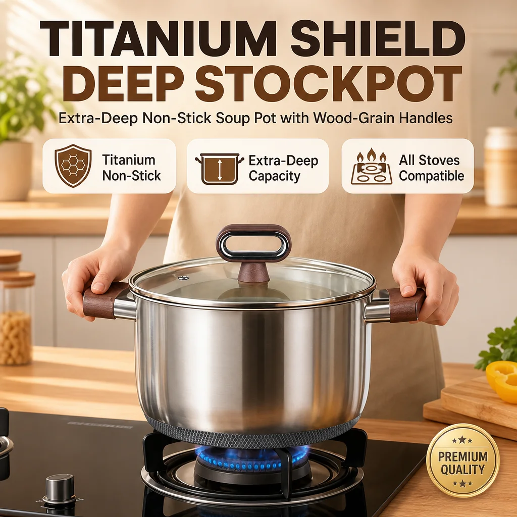 Stock Pot 22cm Titanium‑shield Stainless Steel Soup Pot Non‑stick Deep Cooking Pot with Glass Lid