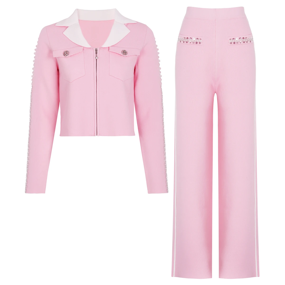 2631 High-End Quality Women's Knitted Top Coat + Pants Set Spring Autumn New Commuter Nail Bead Casual Long Sleeve Outfit