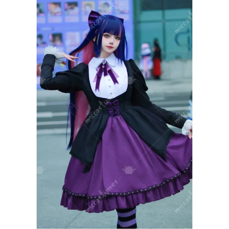 

Miccostumes Women's Stocking Cosplay Costume Black Purple Gothic Dress Belt with Striped Stockings and Bowtie