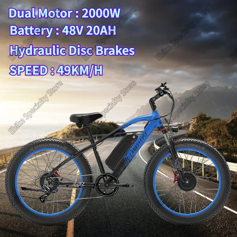 EU UK US Stock LANKELEISI  Electric Bicycle 48V 20Ah Dual Motor 2000W 26Inch Fat Tire Electric Bike Mountain Snow off-road Ebike