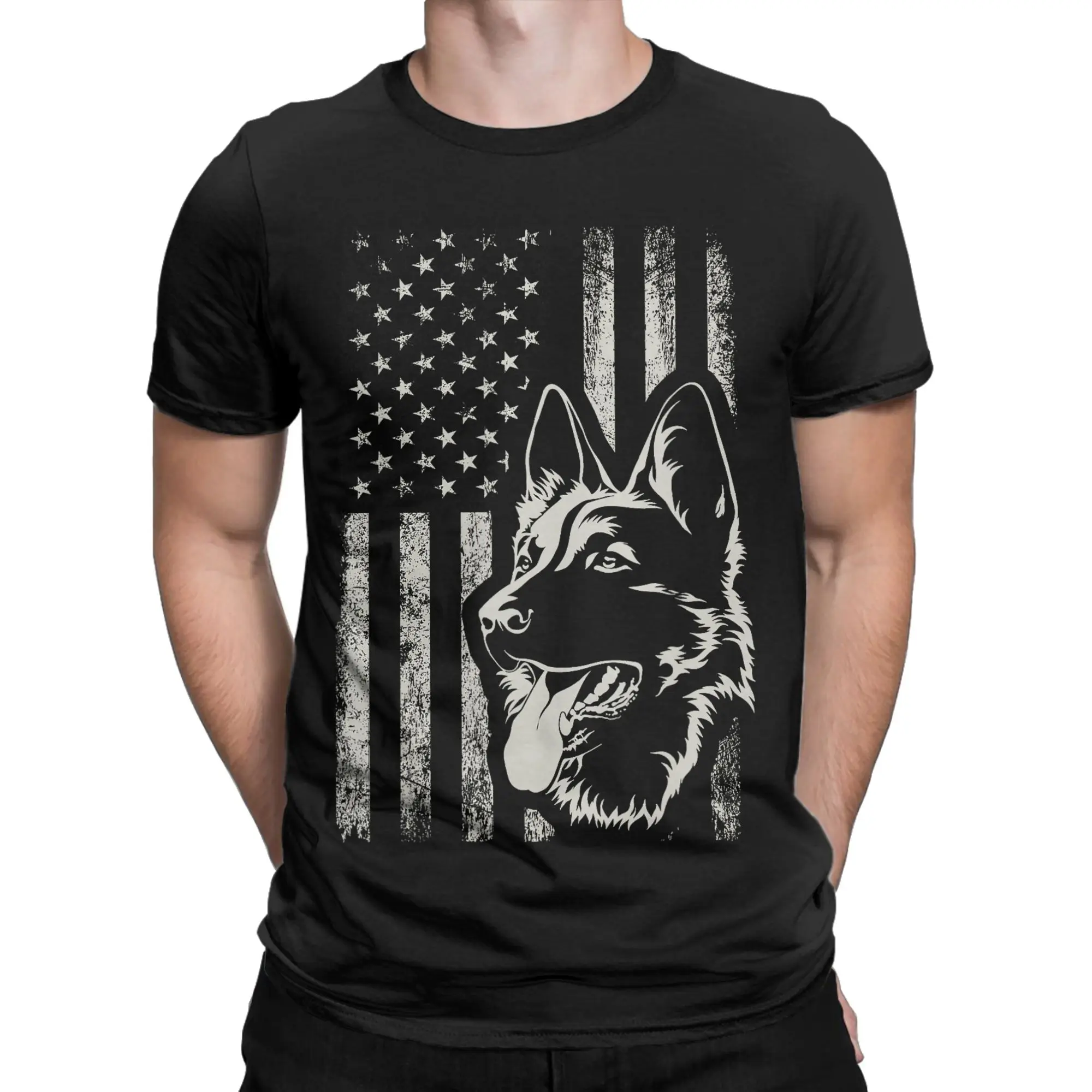 Patriotic German Shepherd Dog T Shirt Men Women 100% Cotton Unique T-Shirt Round Neck American Flag 4th of July Tee Clothes