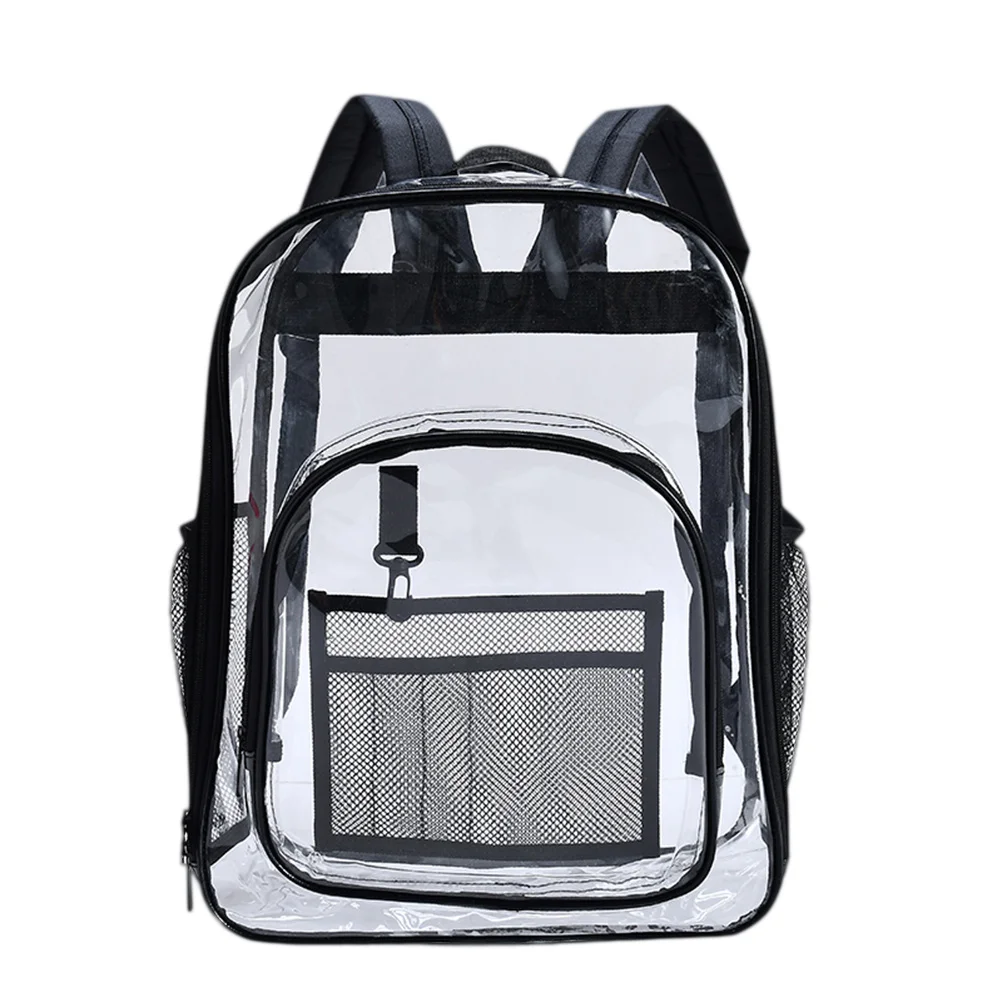 PVC Transparent Backpack Black Simple See Through School Bookbag Travel Makeup Organizer Durable Eco-Friendly Large Capacity