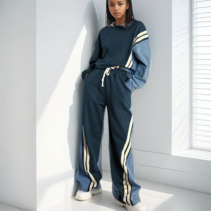 DEAT 2024 Autumn New Fashion Women 2 Pcs Set O-neck Pullovers High Waist Drawstring Contrast Color Striped Pant Suit  7AB6004