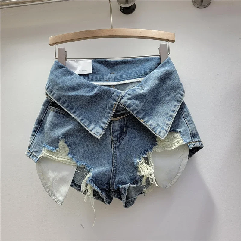 

Vintage Holes Patchwork Denim Shorts Women Trend Lapel High Waist Irregular Jeans Pants Drop Shipping Wholesale Female Clothing