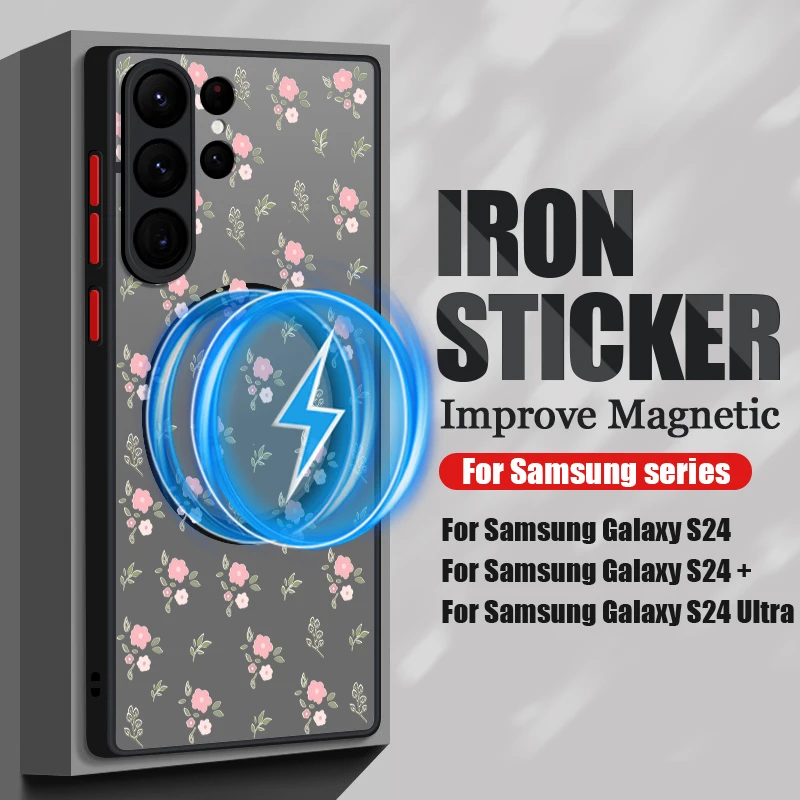 Magnetic Garden Flower Case For Samsung Galaxy S24 Ultra Capa S22 S23 Ultra S21 FE S25 Luxury Matte Clear Back Hard Cover Fundas