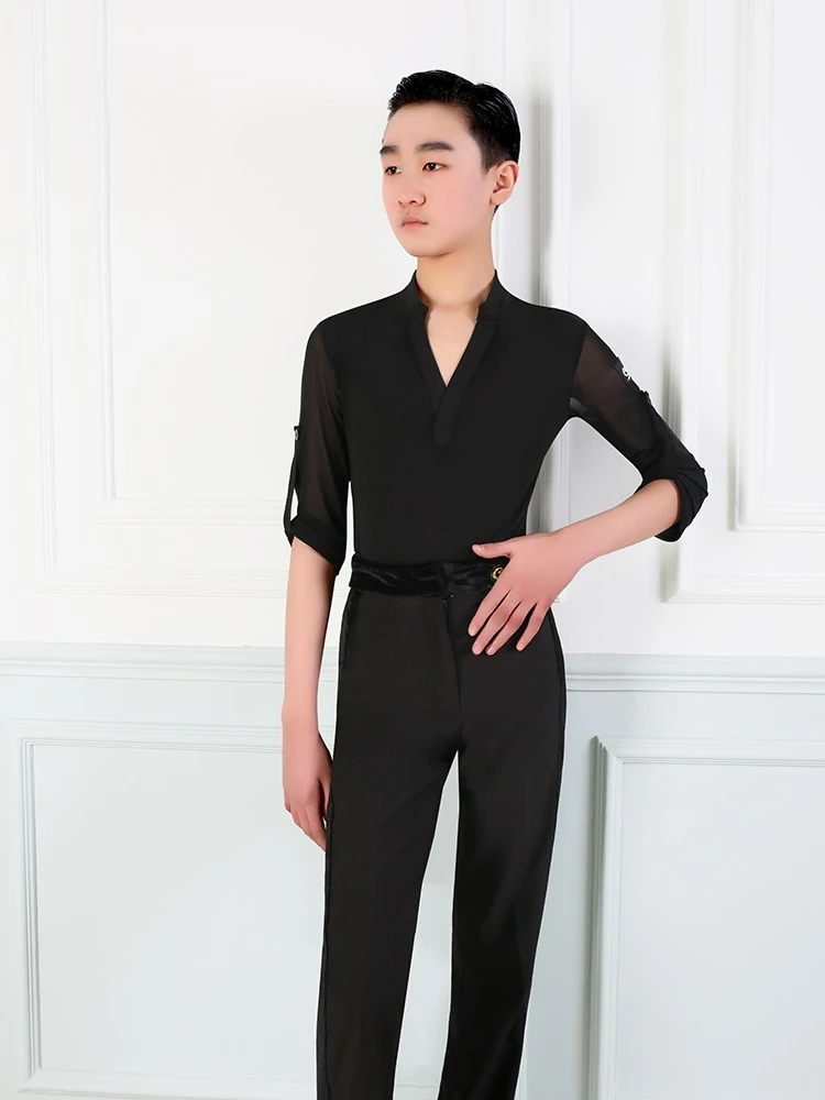 أزياء رقص لاتينية بأكمام طويلة ورقبة على شكل حرف V للأولاد ، ملابس تدريب على الرقص في قاعات الرقص للأطفال ، ملابس رقص Cha Cha Rumba ، جديدة ،