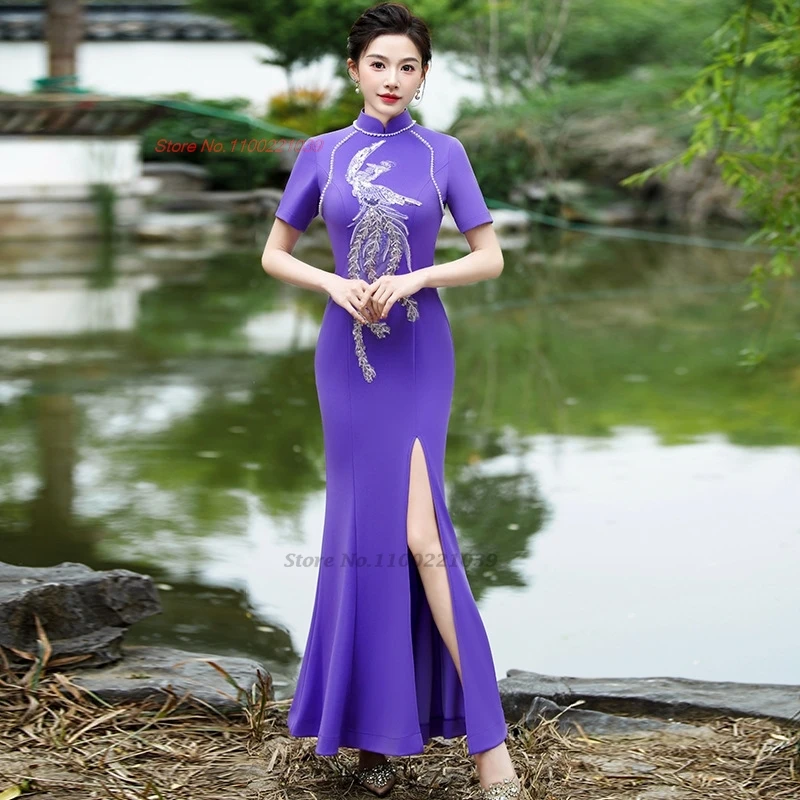 

2025 chinese vintage dress improved cheongsam phoenix embroidery dress elegant stage performance qipao banquet evening dress