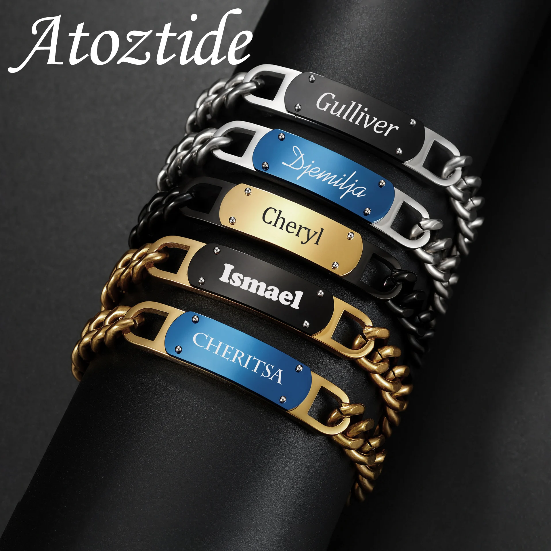 Atoztide Engrave Name Welding Curved Bar Bracelet For Woman Men Stainless Steel Jewelry Thick 10mm Cuban Chain Personalized Gift