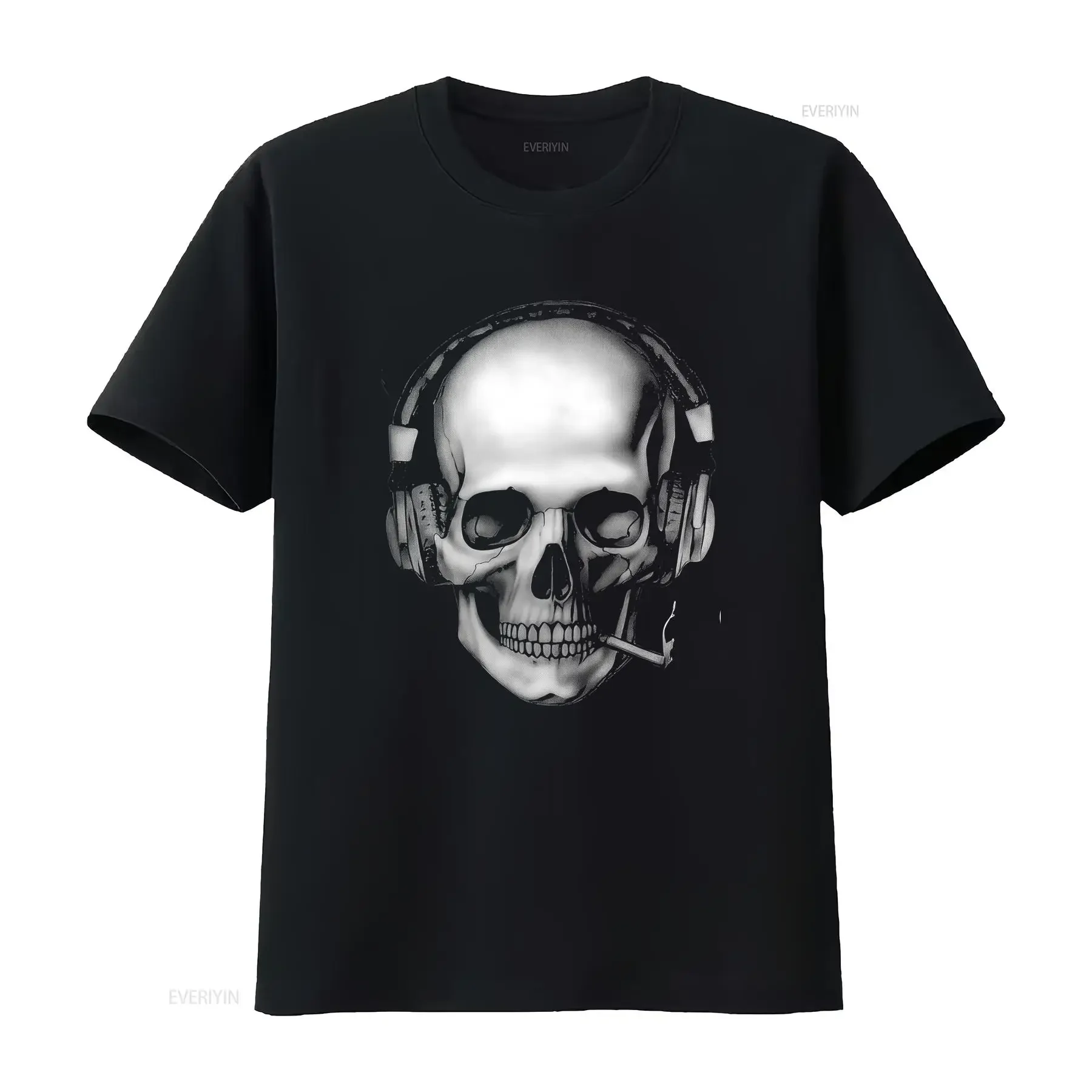 Gothic Skull with Gaming Headset Print Cool Music Gamer Streetwear Casual T Shirt vintage Washed Soft Versatile