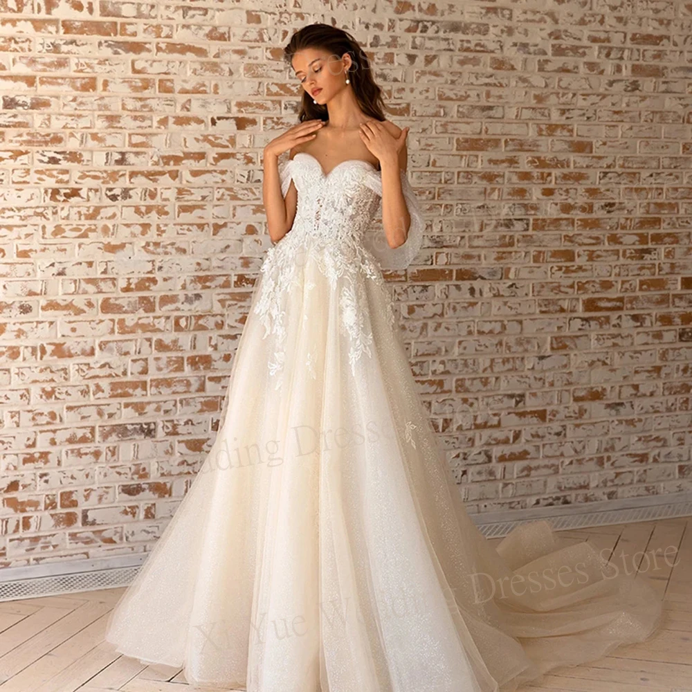 2024 gaun pernikahan wanita Sweetheart A Line anggun gaun pengantin applique renda seksi gaun Tulle Backless Modern