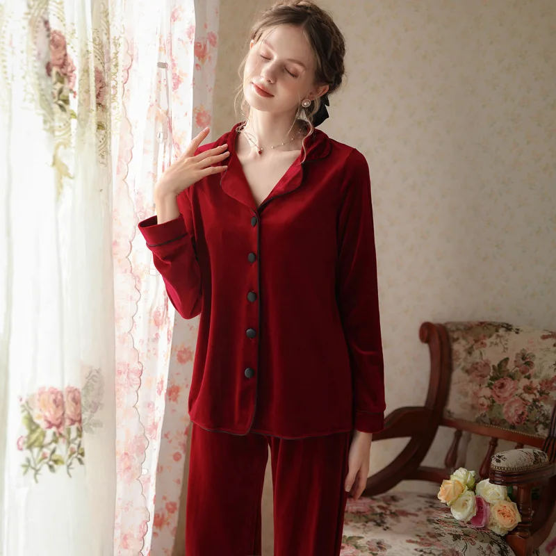 Burgundy Red Velour Pyjamas Velvet Two Piece Pajama Set Women Autumn Winter Long Sleeve Sleepshirts Trousers Nightwear Sleepwear