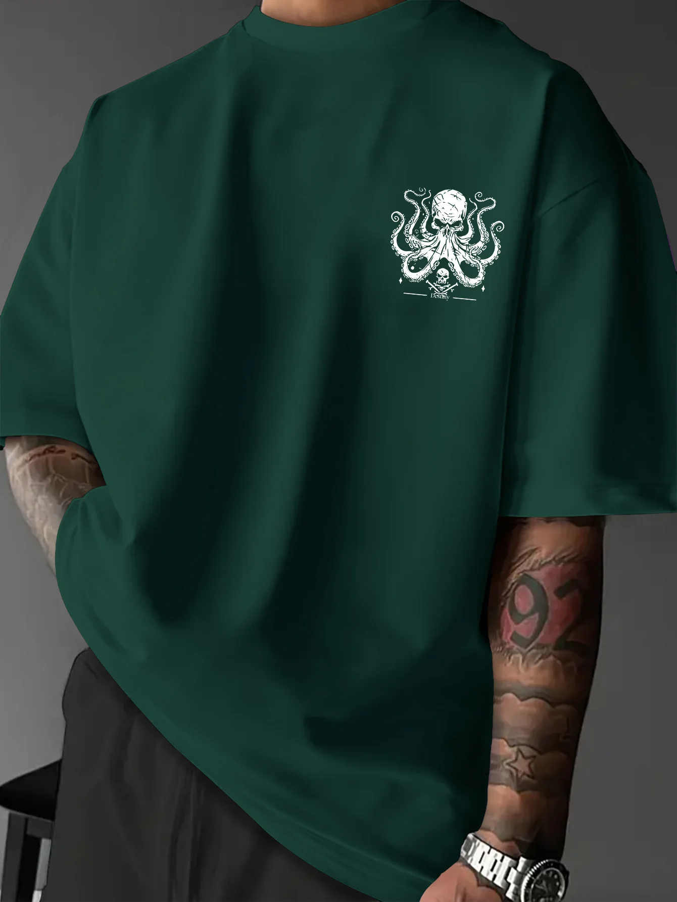 Neues Vintage Piraten-Oktopus-Schädel Grafik-Print T-Shirt für Männer, Locker Geschnittenes Streetwear Kurzarm-Oberteil S-XXL – Detail 9