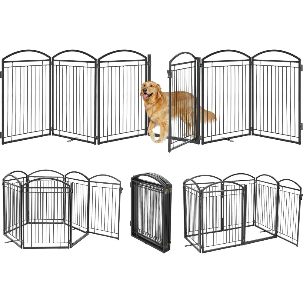 

All-metal freestanding dog door, indoor and outdoor folding pet fence,extra wide freestanding wire high dog door(6 black panels)