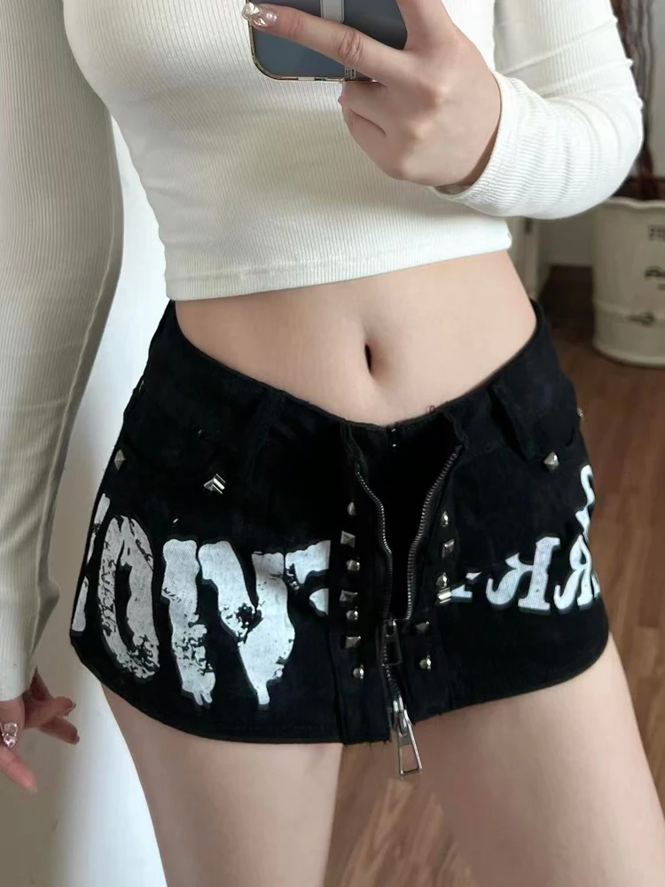 

Low Waist Printed fiti Slimming Denim orts Zipper Rivet Summer Trendy Women's Jeans Skirt Pants Millennial Y2K Sle