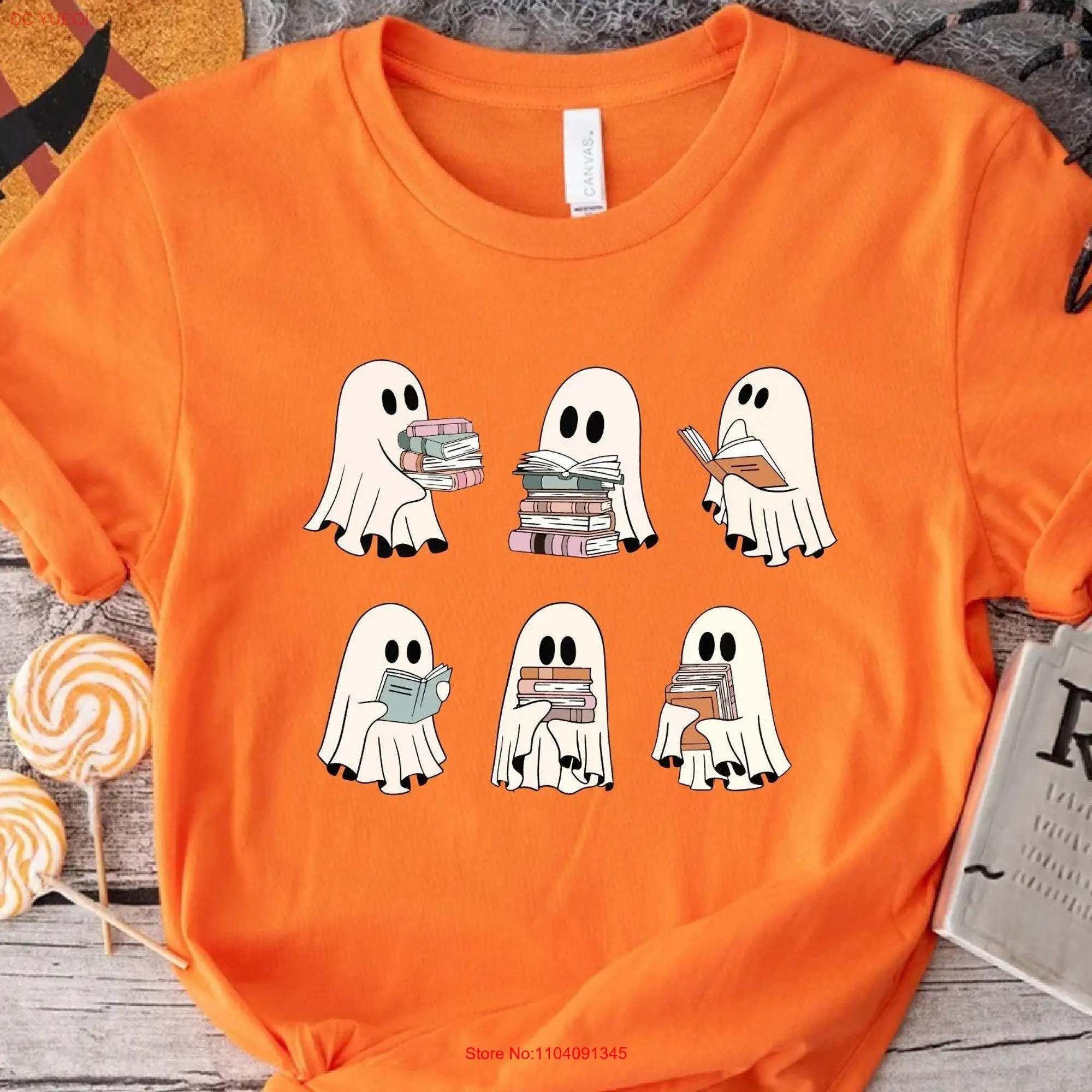 Ghost Reading Books T shirt Halloween For Teacher Bookish Spooky Season Women Book Lover Librarian long or short sleeves