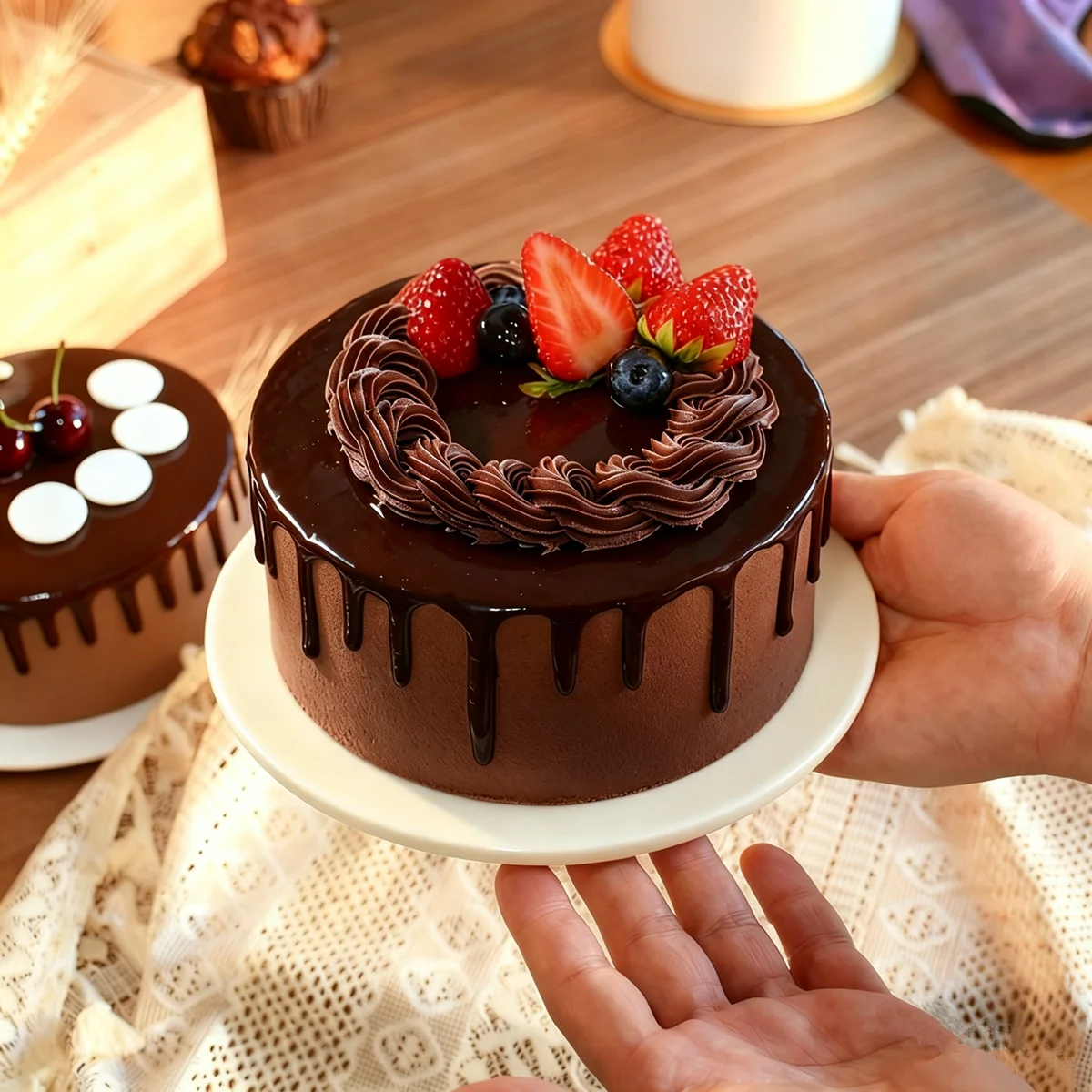 6 Inch Realistic Artificial Birthday Cake Model - Fake Dessert Ornament - alternate angle