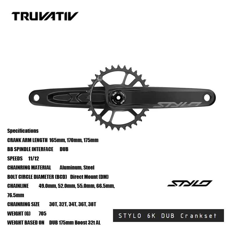 SRAM TRUVATIV  STYLO 6K DUB Crankset 6000 series forged aluminum arms Featuring SRAM\'s X-SYNC™2 tooth profile chainring