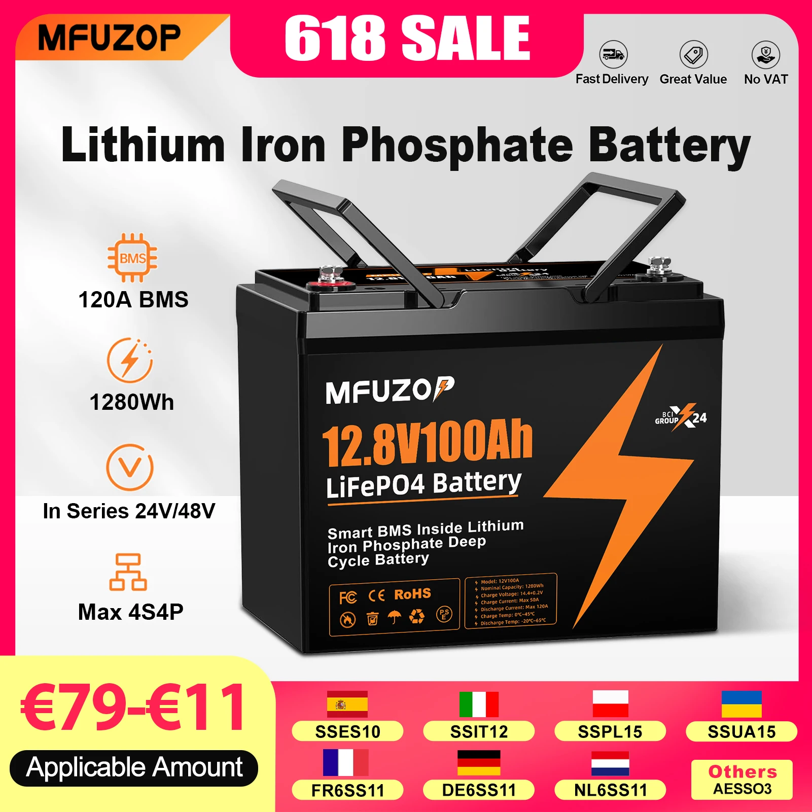 Akumulator LiFePO4 MFUZOP 12V 100Ah Przenośny, ładowalny, z wbudowanym inteligentnym systemem BMS, głęboki cykl, ponad 8000 cykli, do kamperów, solarny, bez VAT.