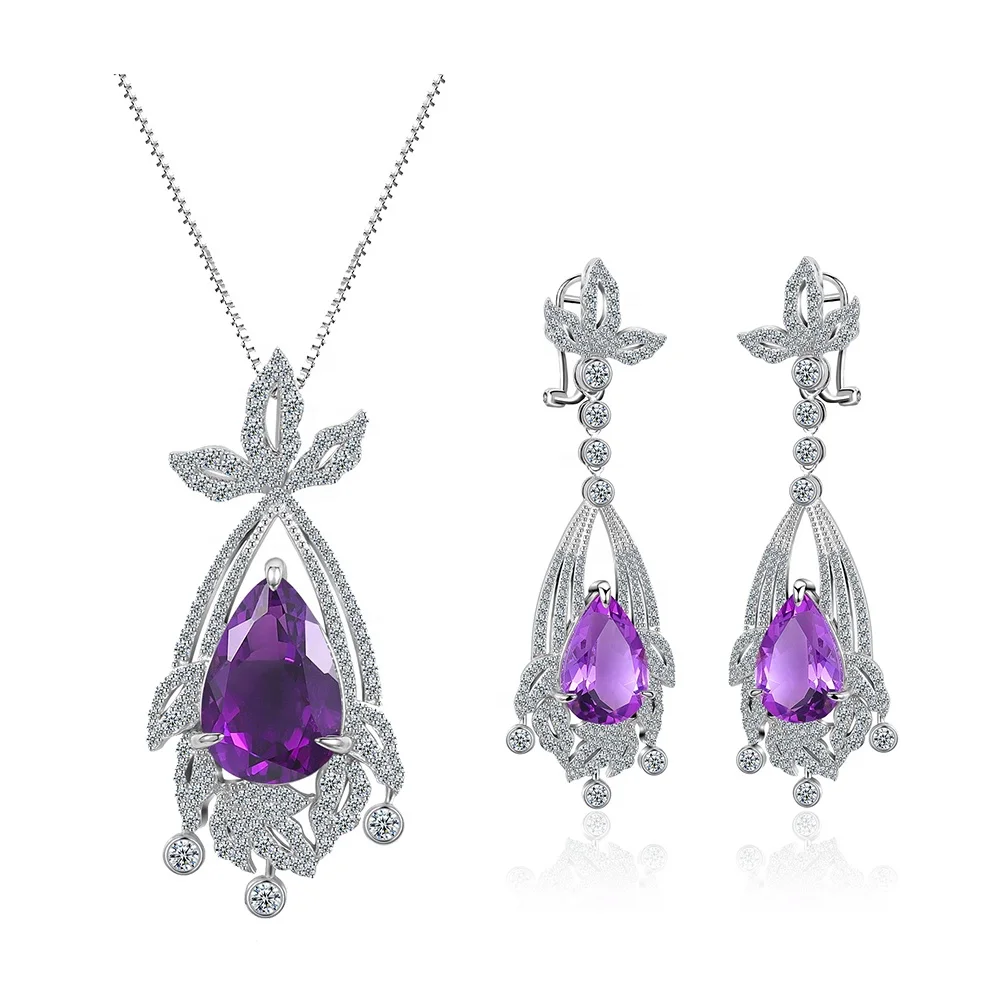 

ZL0065 Abiding Exquisite Luxury 925 Sterling Silver Big Size Amethyst 2 Pieces Ladies Wedding Cz Jewellery Sets