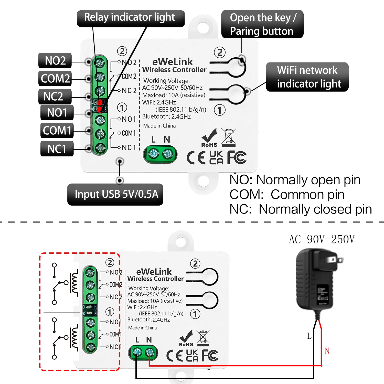 EWelink Inteligentny Przełącznik WiFi z Suchym Stykiem AC110V USB5V 2-kanałowy Moduł Przekaźnikowy Tryb Inching Samozatrzaskujący Odbiornik Timer Współpracuje z Alexa Google — zdjęcie produktu 6