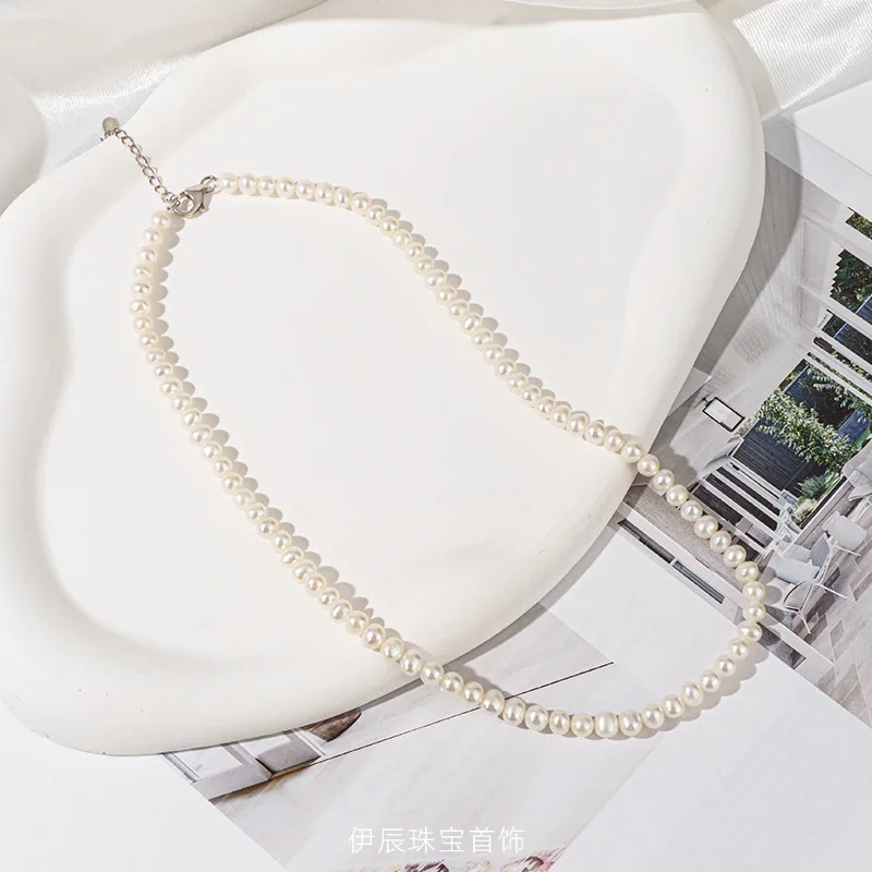 4-5Mm Natural Seedless Freshwater Pearl Necklace Plain Chain