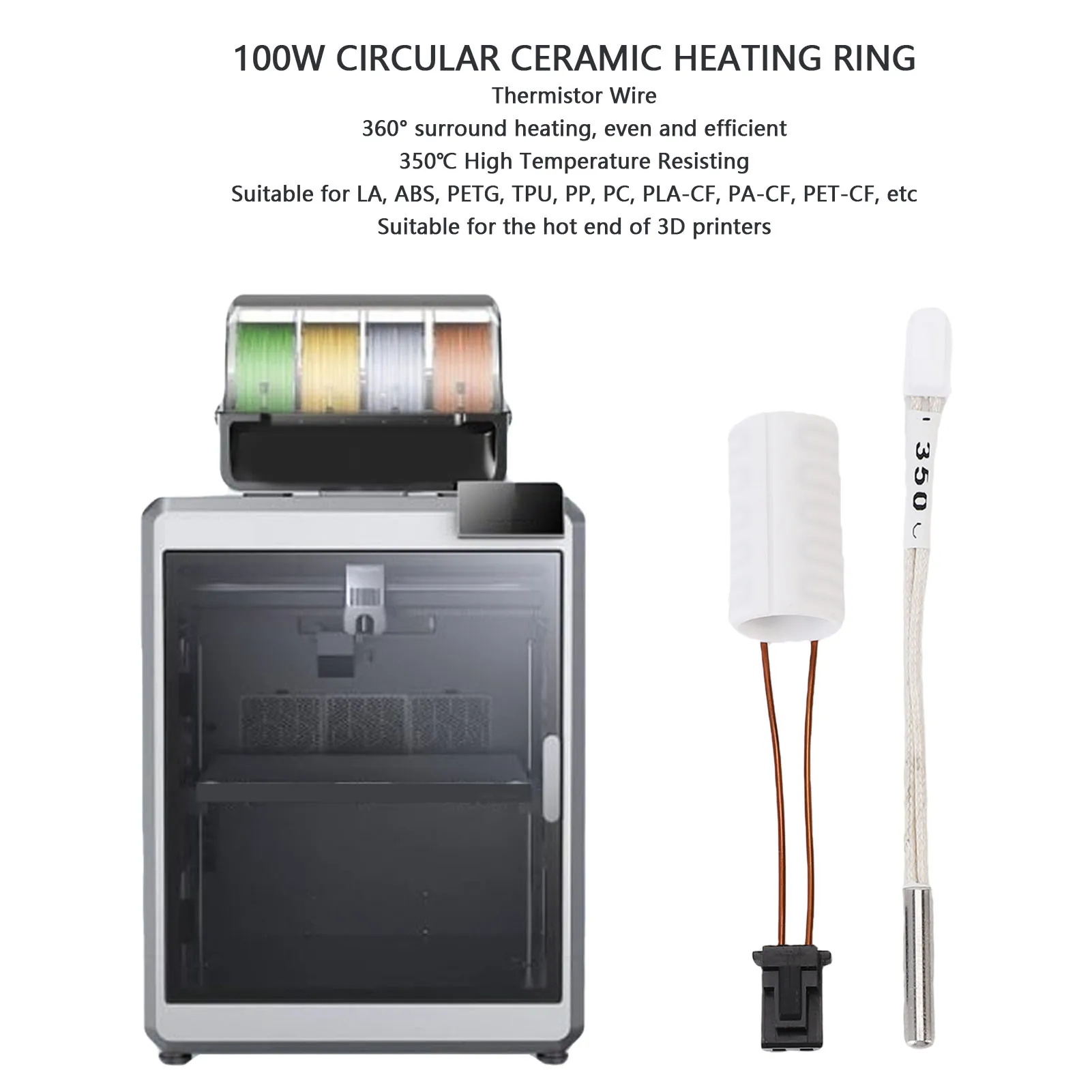 Hotend Thermistor Wire Circular Ceramic Heating Ring Even and Efficient 360° Surround Heat 350℃ Temp Resisting for 3D Printer