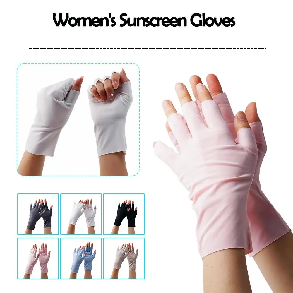 Women Summer Thin Half Fingers Gloves Anti-UV Sunscreen Non-slip Silk Driving Cool Ice Thin Gloves Nail Art Gloves Breathab H1R0