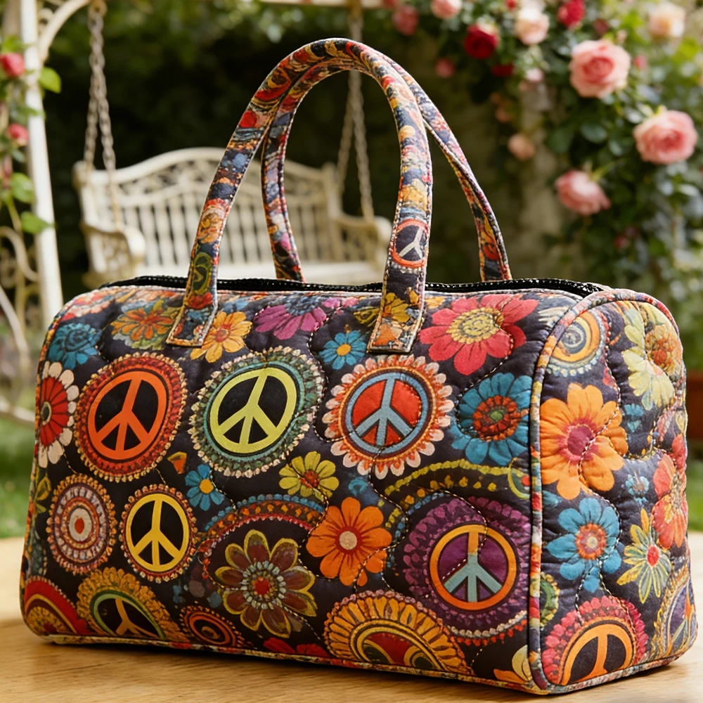 

Сумка-даффл с радужным знаком мира, стеганая, в стиле бохо, с цветочным принтом, дорожная сумка-тоут, для мужчин и женщин, сумка для выходных