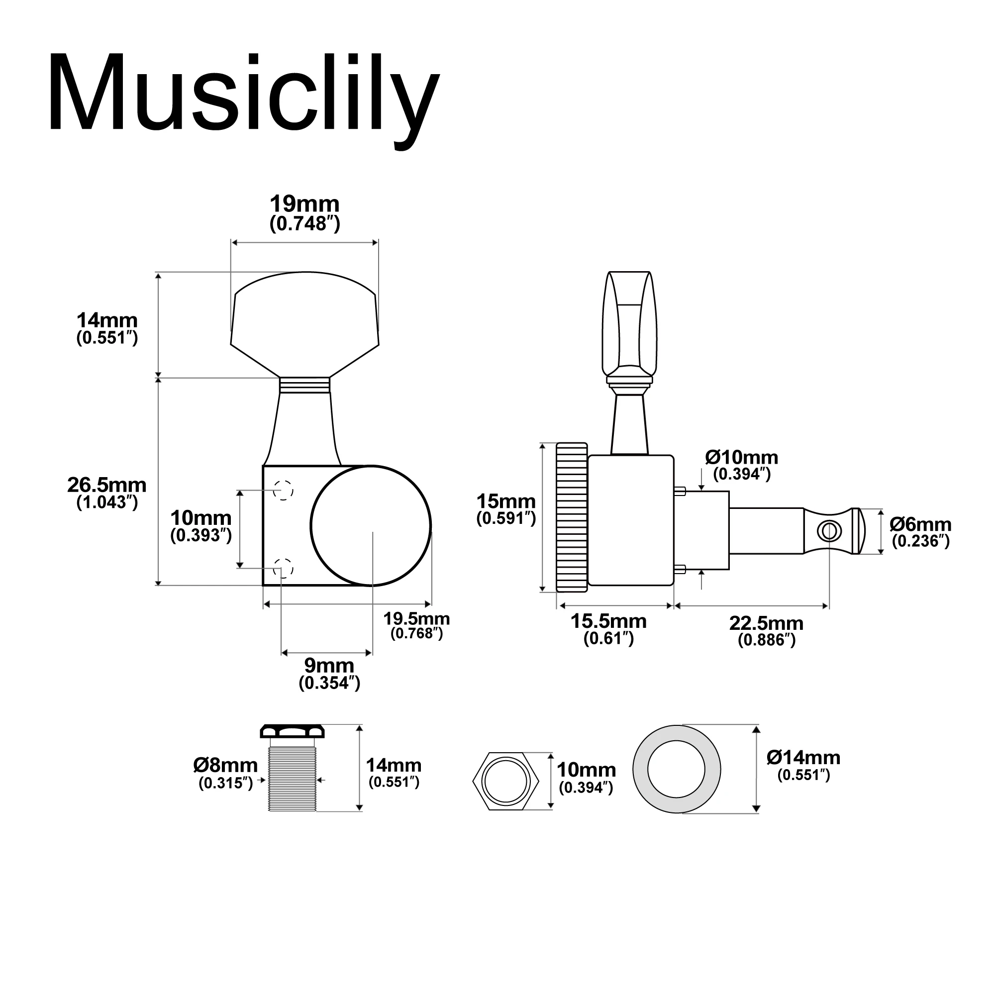 Musiclily Pro 6-in-line 15:1 Ratio 2-Pin Full Sealed Locking Machine Heads Tuners Tuning Pegs Keys for SQ ST Tele Guitar