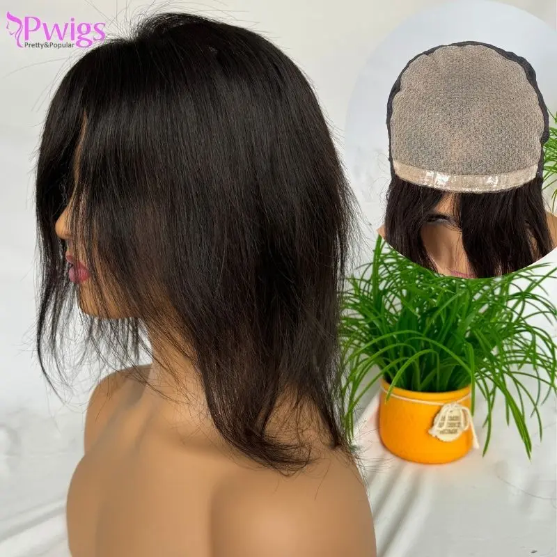 

Pwigs Natural Black Woman Wigs 5x5 Silk Based Wig for Women 100% Cambodian Human Hair Wigs Glueless Natural Black Wigs 6-7 Inch