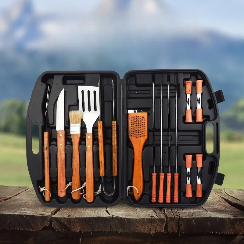 

BBQ Tools 19 Piece Combination Stainless Steel Outdoor Wooden Handle Baking Tool Plastic Box Kitchen Dining Bar