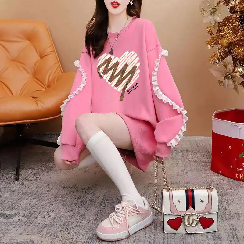 Felpa con cappuccio sottile medio lungo Graffiti con personalità da donna, maniche patchwork con bordo arricciato, top ampio con blocco della carne